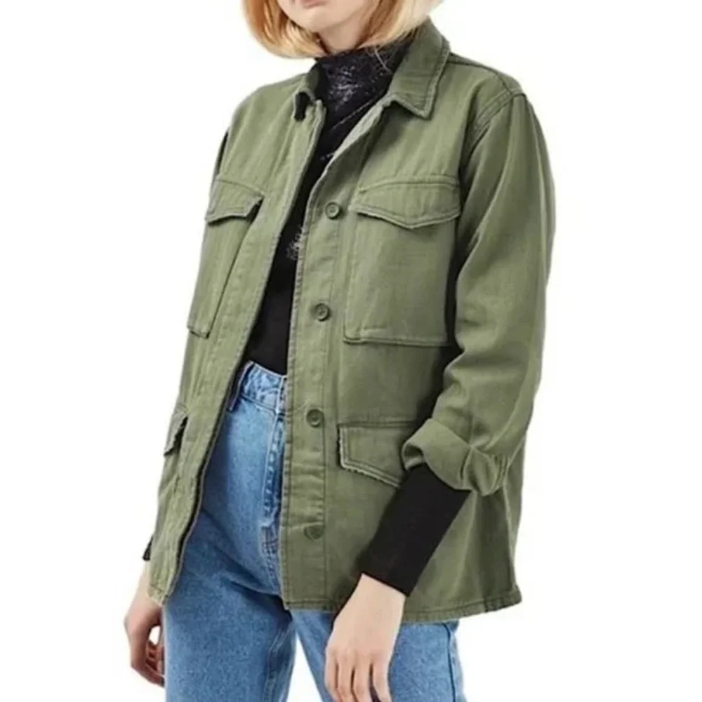 Topshop Army Green Distressed Utility Jacket Button Up 100% Cotton Size 6